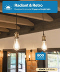 Clear Vintage Filament LED ST64 Waterproof Bulbs, 800 Lumens, 8.5W, illuminating a rustic space, dimmable soft white 3000K light