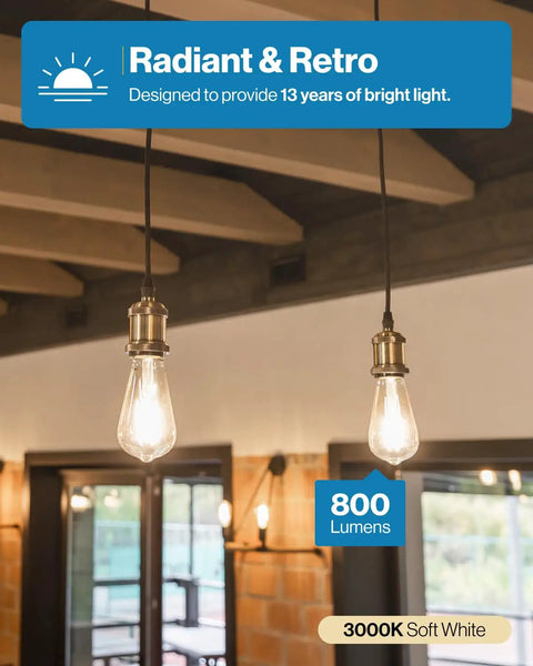 Clear Vintage Filament LED ST64 Waterproof Bulbs, 800 Lumens, 8.5W, illuminating a rustic space, dimmable soft white 3000K light