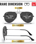RB3025 Pilot Shape Polarized Sunglasses For Men And Women With Modern Edge Durable Frame All Day Comfort Includes Official Eyewear Kit Timeless Black Lens Style, front and side view with dimensions displayed.