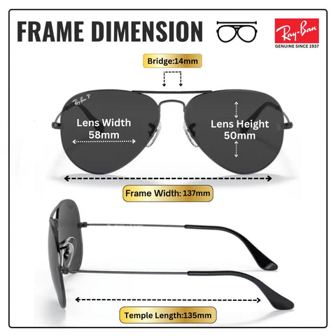 RB3025 Pilot Shape Polarized Sunglasses For Men And Women With Modern Edge Durable Frame All Day Comfort Includes Official Eyewear Kit Timeless Black Lens Style, front and side view with dimensions displayed.