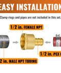 Diagram showing 1/2 in. female NPT brass adapter connecting PEX to male NPT tubing, highlight from 12 Pack One Half Inch PEX To One Half Inch Female NPT Brass Fittings For Drinking Water Lead Free Corrosion Resistant Adapters NSF ANSI 61 Certified Built Tough Crimp PEX Fittings Set.