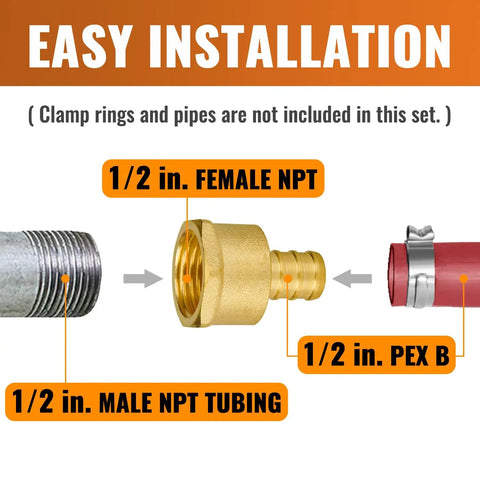 Diagram showing 1/2 in. female NPT brass adapter connecting PEX to male NPT tubing, highlight from 12 Pack One Half Inch PEX To One Half Inch Female NPT Brass Fittings For Drinking Water Lead Free Corrosion Resistant Adapters NSF ANSI 61 Certified Built Tough Crimp PEX Fittings Set.
