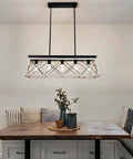 Farmhouse Rectangular Five Light Chandelier For Kitchen Island Rustic Iron Frame With Faux Wood Grain Finish Beige E26 Pendant