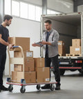 Two men discussing beside a 24X36 Aluminum Platform Truck Cart, 660 Lb Heavy Duty Workhorse Flatbed with boxes.