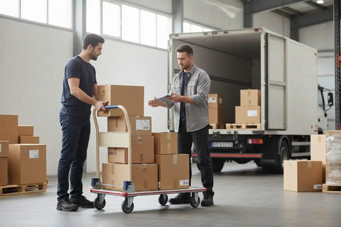 Two men discussing beside a 24X36 Aluminum Platform Truck Cart, 660 Lb Heavy Duty Workhorse Flatbed with boxes.