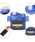 Five Pack 9G Micro Servo Motors For RC Projects with blue metal gear and JR Futaba connectors, shown in detail.