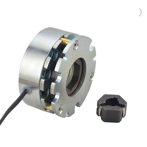 Front view of a 24V DC electromagnetic brake with metal housing, wiring, and mounting adapter.
