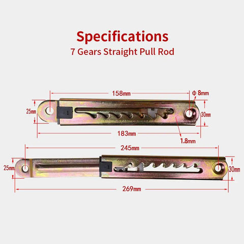 Beefed Up Adjustable Gear Lifting Bracket And Shifter Pull Rod Linkage Pair Corrosion Resistant Zinc Plated Steel shown with dimensions 158mm to 269mm