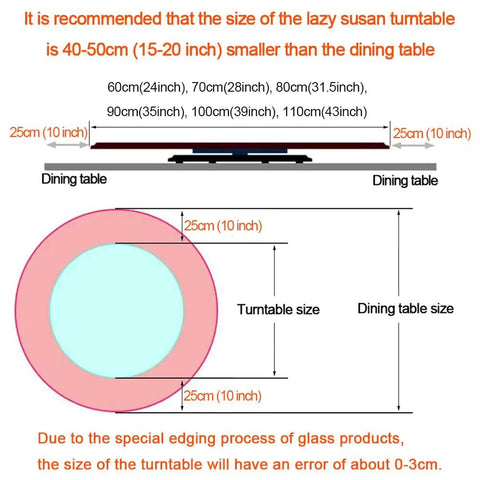 Size recommendation diagram for 360 Degree Heavy Duty Lazy Susan Turntable For Dining Tables Tempered Glass Swivel Serving Tray
