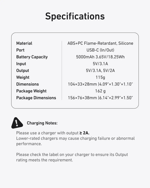 Specifications for Extended 5000mAh Battery Grip For DJI Osmo Pocket 4 And 3 Xtra in ABS+PC, USB-C port, weight 115g.