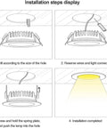 Installation guide illustrations for Hella Smooth Lighting Setup With Dope Zero Glare Baffle Trims Featuring Top Shelf Cob Led Spotlight Kit.