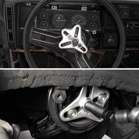 46Pcs Harmonic Balancer Puller Set With Steering Wheel Flywheel Crankshaft And Pulley Pullers in use on vehicle components.
