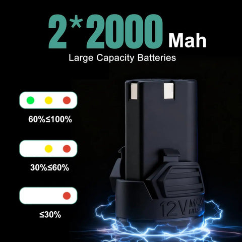 12V 2.0Ah battery for 3/8 Inch Cordless Electric Ratchet Wrench Kit With 40 Ft Lbs Torque, charging levels indicated
