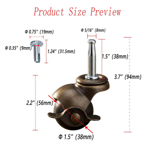 Product size preview of Heavy Duty 1.5 Inch Ball Casters With Secure Lock Brake Furniture Movers showing dimensions and mounting stem.