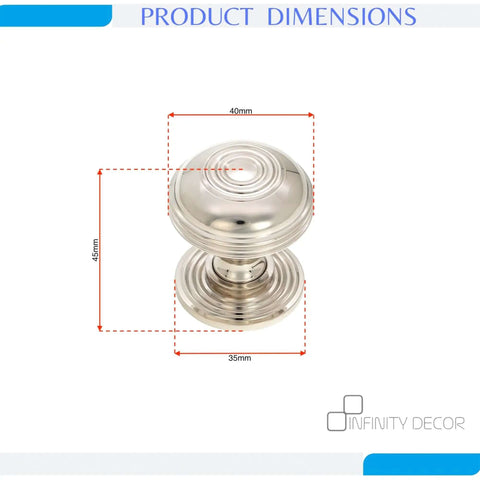 Solid Brass Beehive Cabinet Knob Set In Nickel Finish showing dimensions 40mm width and 45mm height