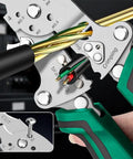 Close-up of All-In-One Foldable Wire Stripper with Voltage Tester showing green handle and wire crimping feature.