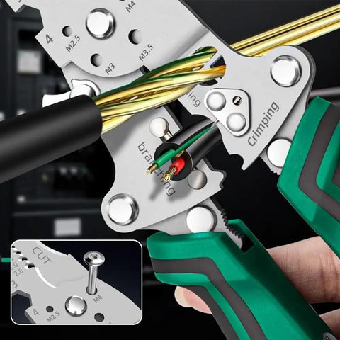 Close-up of All-In-One Foldable Wire Stripper with Voltage Tester showing green handle and wire crimping feature.