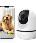 4MP Indoor Security Camera With Pan Tilt, Baby Monitor And Pet Cam, WiFi Home Surveillance next to smartphone showing dog