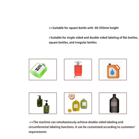 Automatic Double Side Square Bottle Labeling Machine With Snappy Touchscreen Interface And Rock Solid Conveyor For Zero Fuss Front Back Labeling Plus Optional Code Printing Heavy Duty Setup with various bottle types and sizes shown