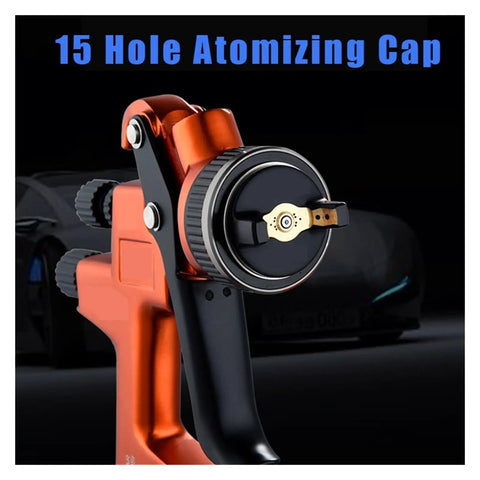 Heavy Duty Professional Pneumatic Paint Sprayer That Operates Like A Dream With An Adjustable Spray Pattern showing 15 hole atomizing cap details.