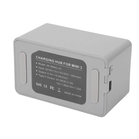 Drone Battery Charging Hub With Digital Display, 3 Port Fast Charge Station view with specifications label shown