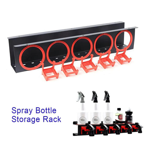 Heavy Duty Wall Mounted Spray Bottle Caddy With Five Reinforced Steel Hooks For Garage Organization, featuring five holders.