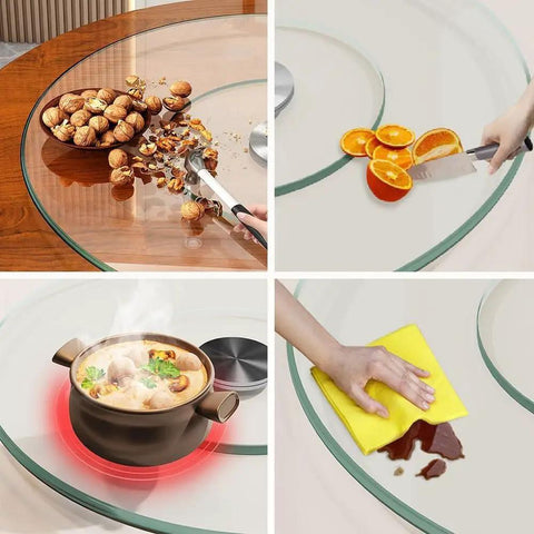 Heavy Duty Tempered Glass Lazy Susan Round Rotating Turntable Kitchen Serving Tray with nuts, oranges, pot, and cleaning cloth.