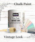 All In One Chalk Style Paint For Furniture Crafts And Home Decor DIY Eco Friendly Vintage White 33.81 Oz Primer Sealer And Finish In One No Sanding Needed For Indoor Outdoor Projects with brush and color swatches