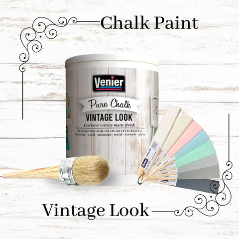All In One Chalk Style Paint For Furniture Crafts And Home Decor DIY Eco Friendly Vintage White 33.81 Oz Primer Sealer And Finish In One No Sanding Needed For Indoor Outdoor Projects with brush and color swatches