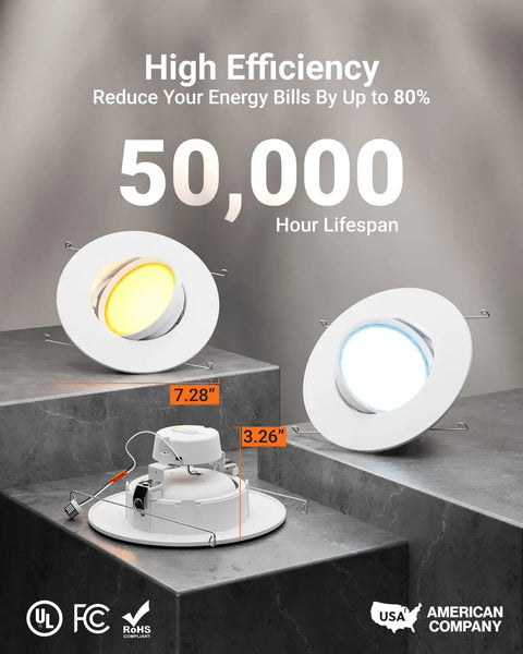 Two variations of 5 To 6 Inch LED Can Light Retrofit Recessed Gimbal Downlight with highlighted technical specifications.
