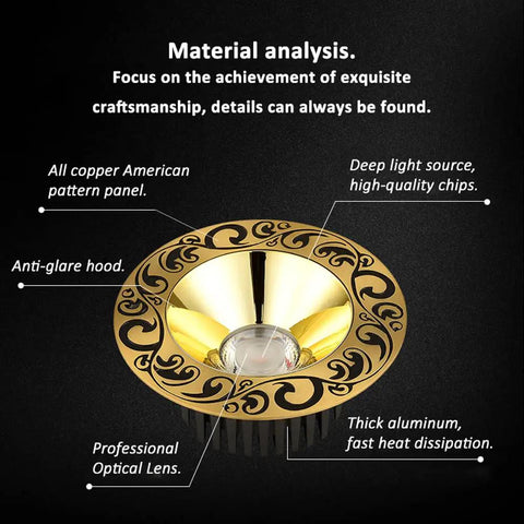 Material details of 8 Pack Brass Recessed Ceiling Downlights 4 Inch 5 Inch Eyeball Spotlights showing copper panel, anti-glare hood.