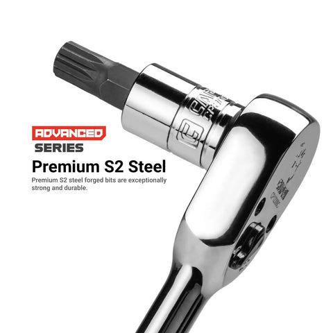 Close-up of Premium S2 steel bit from XZN Triple Square Bit Socket Set 14-Piece Master Kit For Pros, showcasing durability.