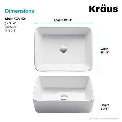 Elavo Modern Rectangular Vessel Sink In White Porcelain Ceramic For Bathrooms 19 Inch With Baked On Glaze Finish dimensions