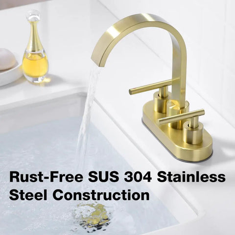 Glossy rust-free SUS 304 stainless steel faucet with flowing water into sink, 2-handle design, for 3-hole setups.