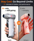 Comparison of a silver and a pink handheld air duster, highlighting 10+ minutes cooling performance vs 3 minutes.