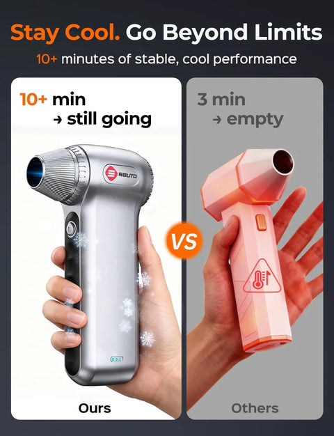 Comparison of a silver and a pink handheld air duster, highlighting 10+ minutes cooling performance vs 3 minutes.