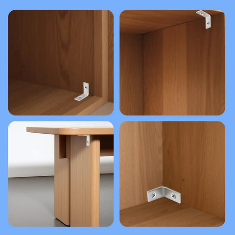 Rock Solid 1 Inch Stainless Steel L Brackets 40 Pack With 80 Countersunk Screws Rustproof corner braces supporting wood shelves.