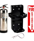 Two Pack 2.5 Gallon Water Fire Extinguishers For Class A Combustibles With Wall Mount Brackets And Warning Signs showing stainless steel tank, black wall bracket, and pin.