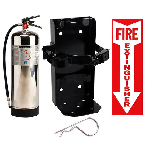 Two Pack 2.5 Gallon Water Fire Extinguishers For Class A Combustibles With Wall Mount Brackets And Warning Signs showing stainless steel tank, black wall bracket, and pin.