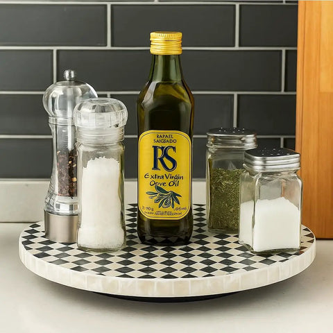 Lazy Susan Organizer with Boho Checkered Mother of Pearl Inlay 12 Inch Rotating Tray holds spice bottles on kitchen counter