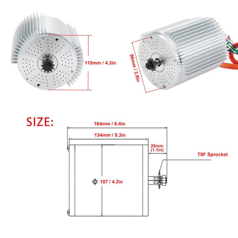 Dimensions of Beefy 48V 2000W Brushless Go Kart Motor with 4300RPM rated, 5400RPM no load, and T8F 11T sprocket