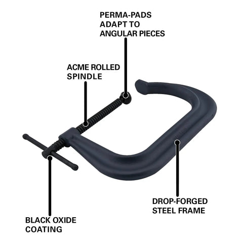 Beefy 6 Inch Opening C Clamp With 5 Inch Throat And 5400 Lbs Clamp Force Drop Forged Frame Perma Pad Swivels For Angled Work Square Throat Design Delivers Extra Depth Model 4406, drop-forged steel frame