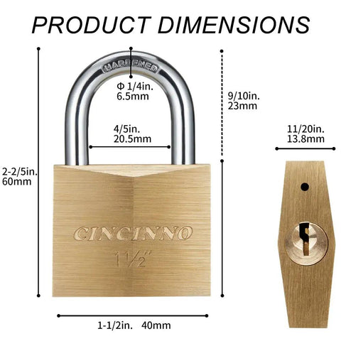 Brass Padlock Set Of 16 Keyed Alike With 32 Keys, dimensions showing 1-1/4 inch wide lock body, 2.6 inch shackle length.