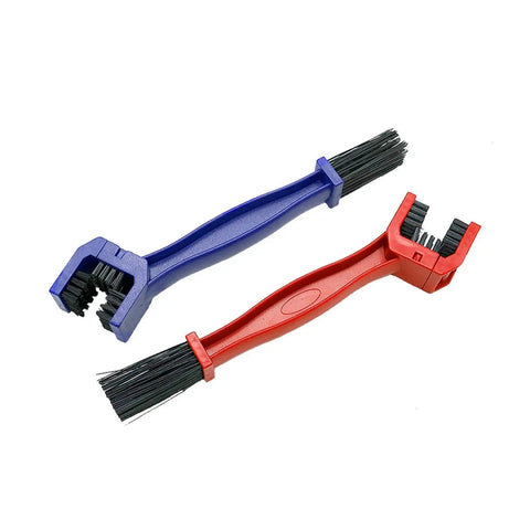 Bike And Motorcycle Chain Cleaning Brush Set Blue And Red Dual Color 10 Inch Total Length Multi Purpose Chain Maintenance Tool For Easy Chain Wash And Smooth Ride, showing two brushes side by side.