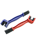 Bike And Motorcycle Chain Cleaning Brush Set, 2 Pack, 10 Inch Plastic Brushes in Red and Blue, against white background
