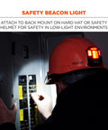 Skullerz 8993 Hard Hat Safety Light, magnetic mount, four-direction beacon, attached to helmet in low-light worksite.