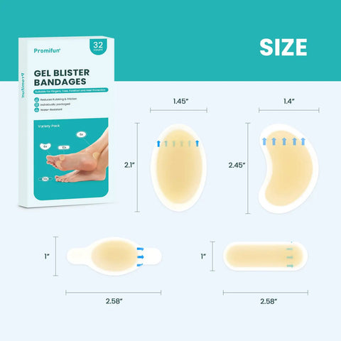 Hydrocolloid Gel Blister Bandages Variety Pack 32 Count Waterproof Adhesive Pads dimensions for heel, foot, toe, and fingers