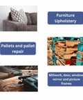 Collage showing furniture upholstery, pallets for repair, and tools for millwork, door, window, mirror, and picture frames.