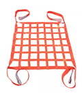 Heavy Duty Cargo Hoisting Net With Three Ton Lift Capacity And Flat Polyester Straps, orange mesh, designed for secure equipment transport.