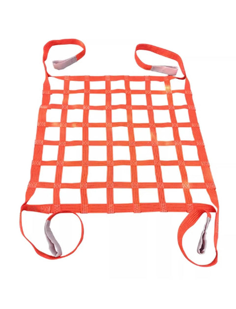 Heavy Duty Cargo Hoisting Net With Three Ton Lift Capacity And Flat Polyester Straps, orange mesh, designed for secure equipment transport.
